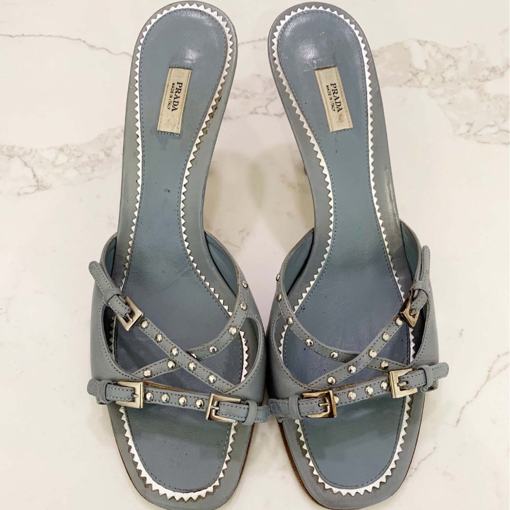 Vintage Prada Kitten Heel Open Toe Mule with studding + buckle detail Lt Blue 40